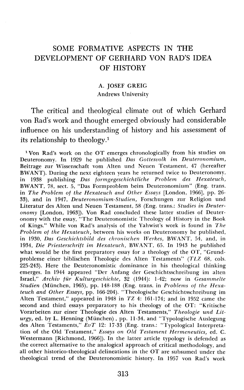 Some Formative Aspects in the Development of Gerhard Von Rad's Idea of History