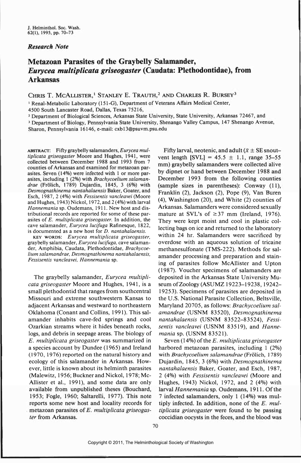 Metazoan Parasites of the Graybelly Salamander, Eurycea Multiplicata Griseogaster (Caudata: Plethodontidae), from Arkansas