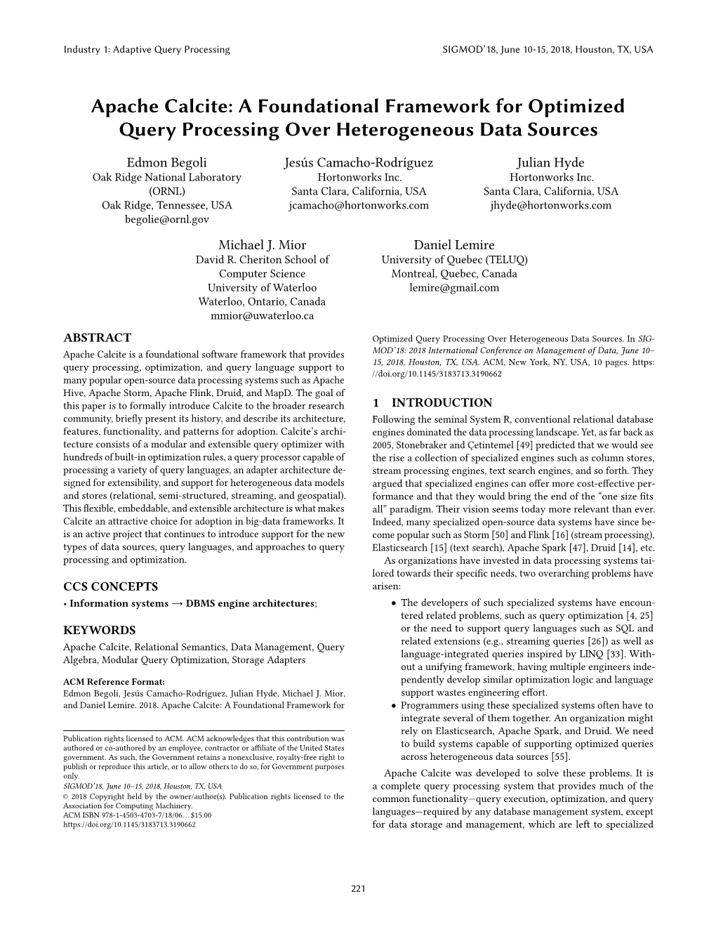 Apache Calcite: a Foundational Framework for Optimized Query Processing Over Heterogeneous Data Sources