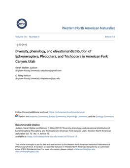 Diversity, Phenology, and Elevational Distribution of Ephemeroptera, Plecoptera, and Trichoptera in American Fork Canyon, Utah