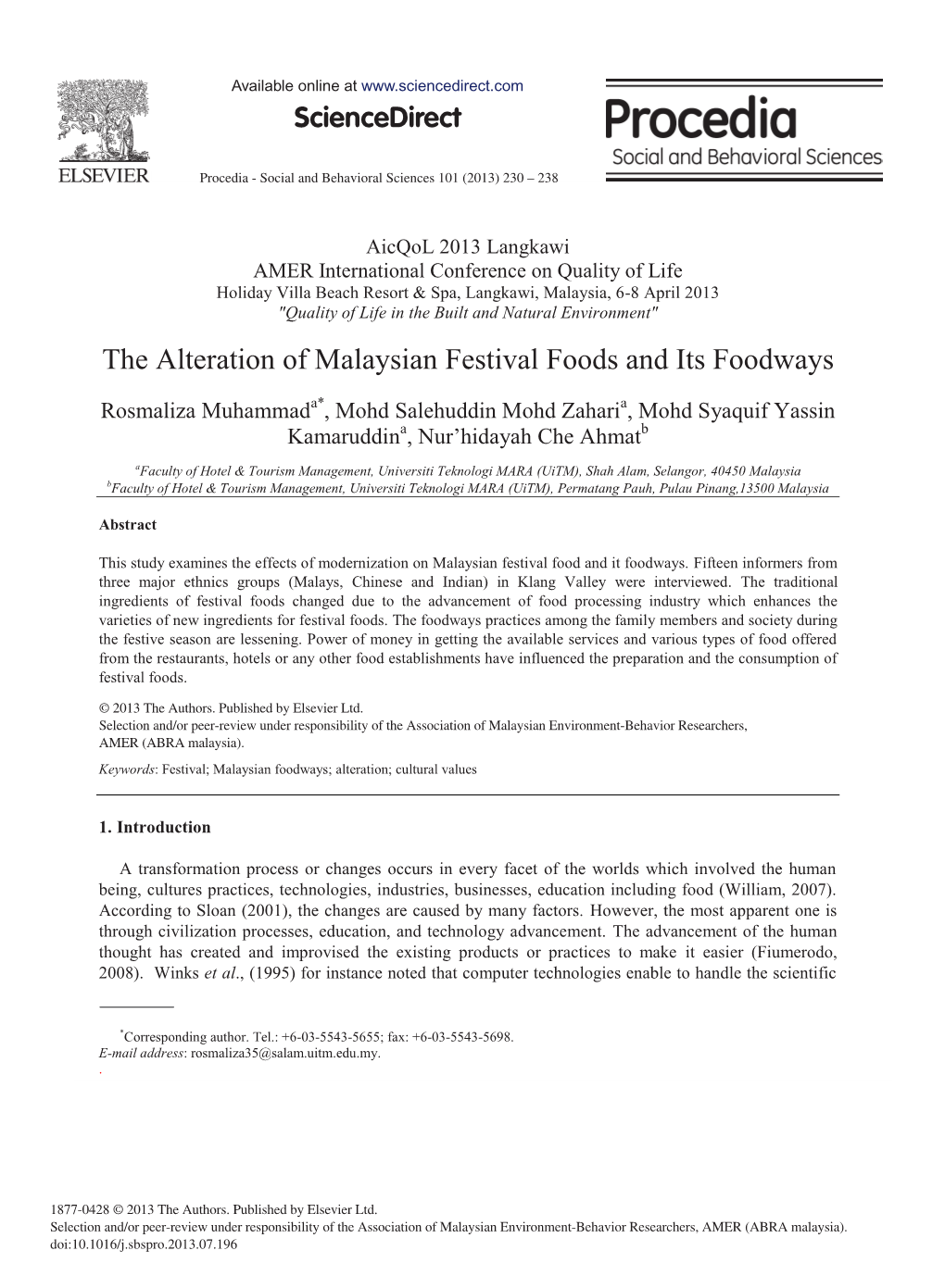 The Alteration of Malaysian Festival Foods and Its Foodways