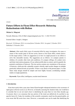 Future Efforts in Flynn Effect Research: Balancing Reductionism with Holism