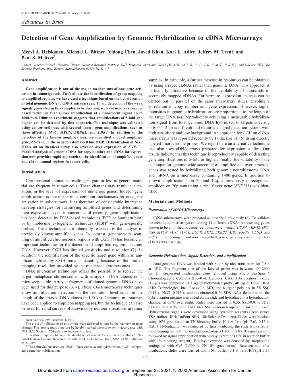 Detection of Gene Amplification by Genomic Hybridization to Cdna Microarrays