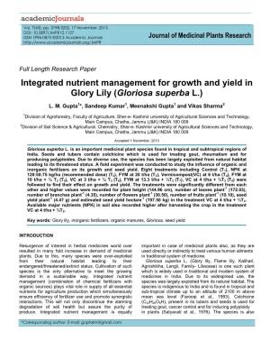 Integrated Nutrient Management for Growth and Yield in Glory Lily (Gloriosa Superba L.)
