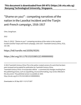 Shame on You!" : Competing Narratives of the Nation in the Laoxikai Incident and the Tianjin Anti‑French Campaign, 1916‑1917