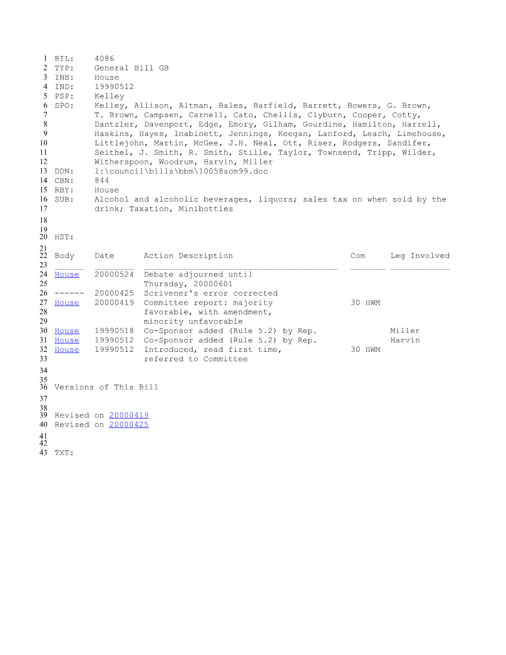 1999-2000 Bill 4086: Alcohol and Alcoholic Beverages, Liquors; Sales Tax on When Sold By