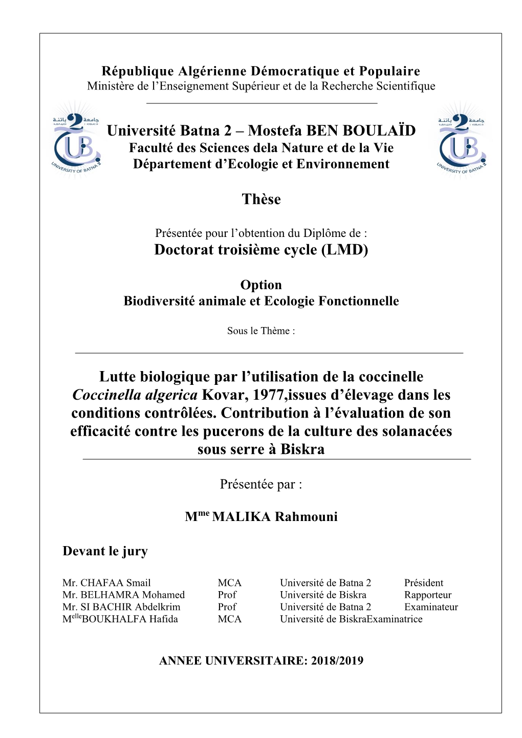 Université Batna 2 – Mostefa BEN BOULAÏD Thèse Doctorat Troisième