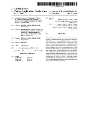(12) Patent Application Publication (10) Pub. No.: US 2014/0296.191 A1 PATEL Et Al