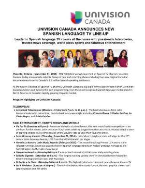 Univision Canada Announces New Spanish Language Tv Line-Up