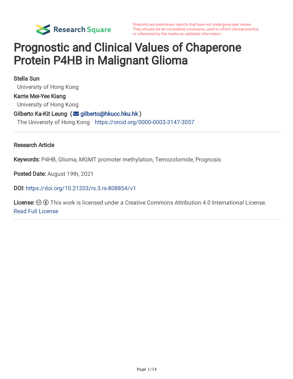 Prognostic and Clinical Values of Chaperone Protein P4HB in Malignant Glioma