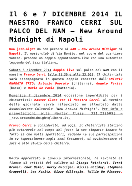 Il 6 E 7 DICEMBRE 2014 IL MAESTRO FRANCO CERRI SUL PALCO DEL NAM – New Around Midnight Di Napoli