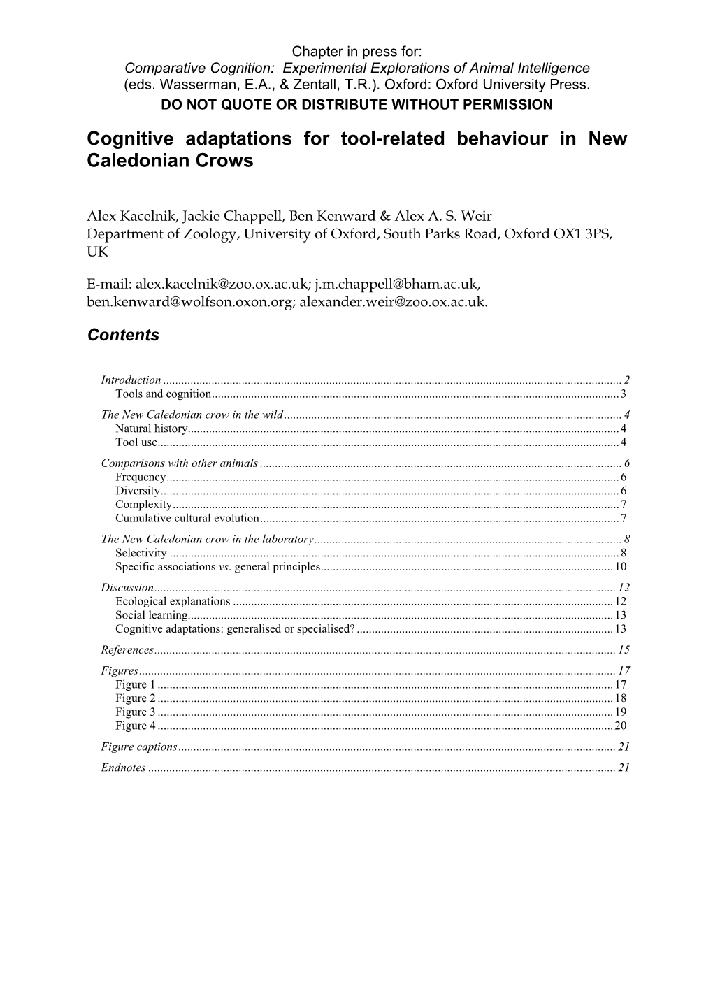 Cognitive Adaptations for Tool-Related Behaviour in New Caledonian Crows