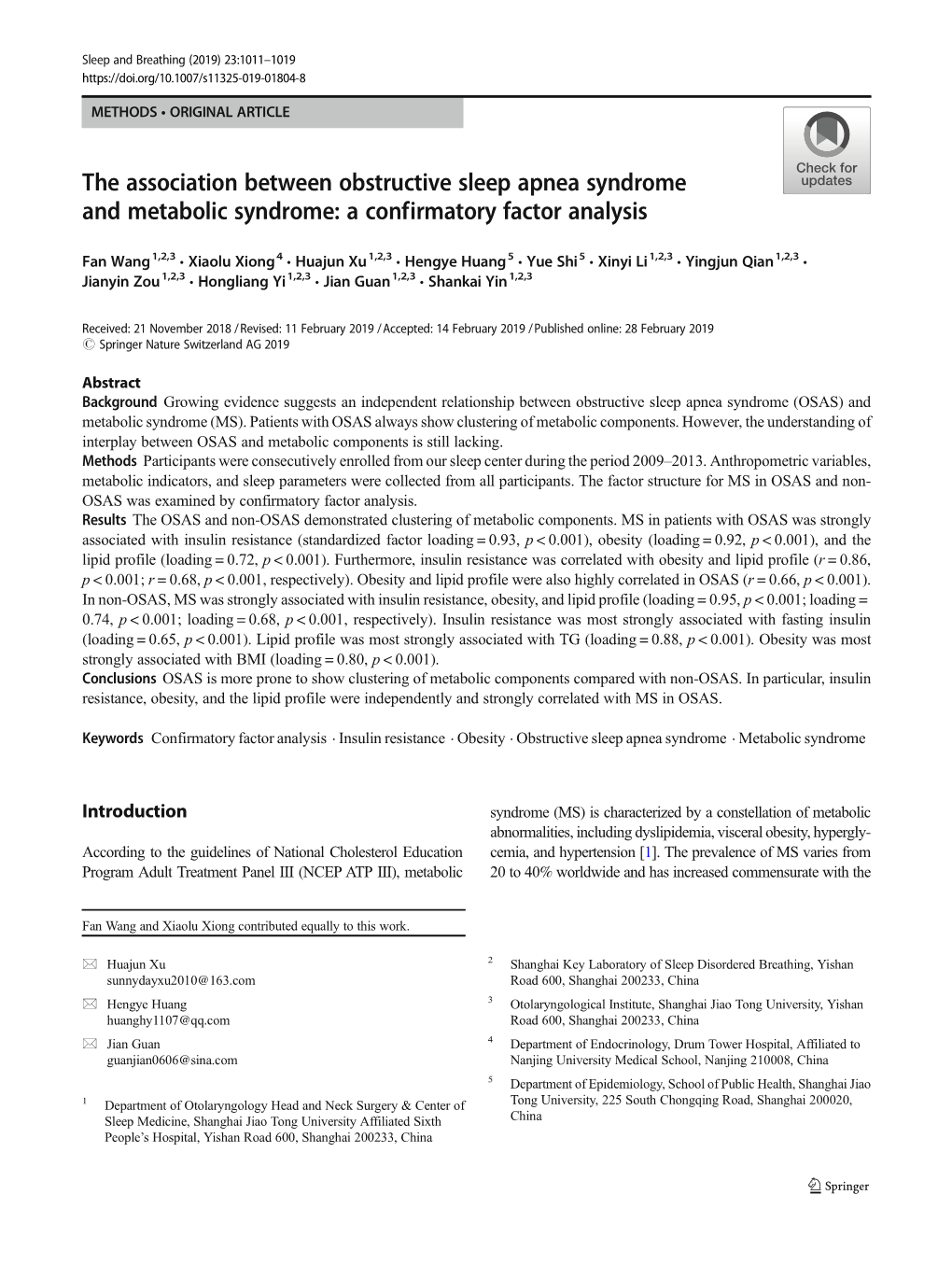 The Association Between Obstructive Sleep Apnea Syndrome and Metabolic Syndrome: a Confirmatory Factor Analysis