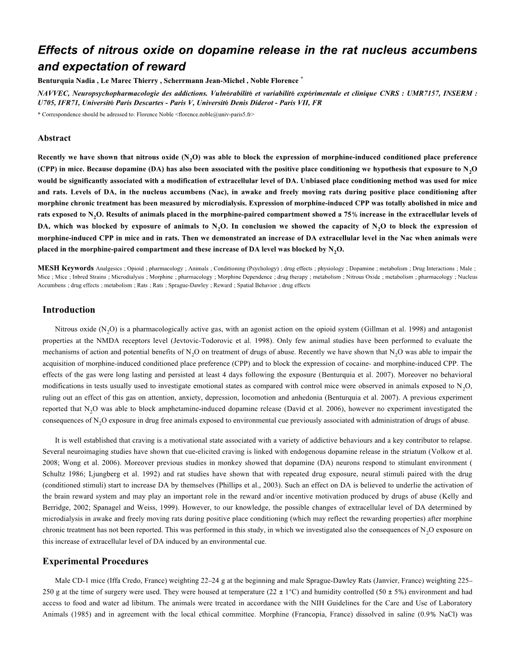 Effects of Nitrous Oxide on Dopamine Release in the Rat Nucleus Accumbens and Expectation of Reward