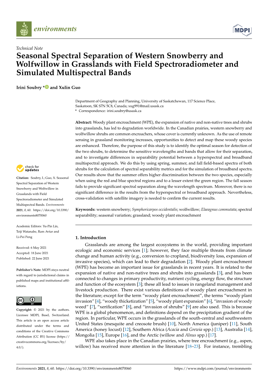 Seasonal Spectral Separation of Western Snowberry and Wolfwillow in Grasslands with Field Spectroradiometer and Simulated Multispectral Bands