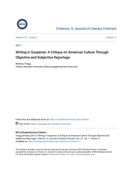 Writing in Suspense: a Critique on American Culture Through Objective and Subjective Reportage