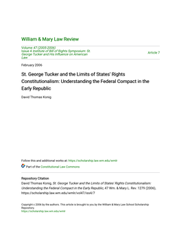 St. George Tucker and the Limits of States' Rights Constitutionalism: Understanding the Federal Compact in the Early Republic