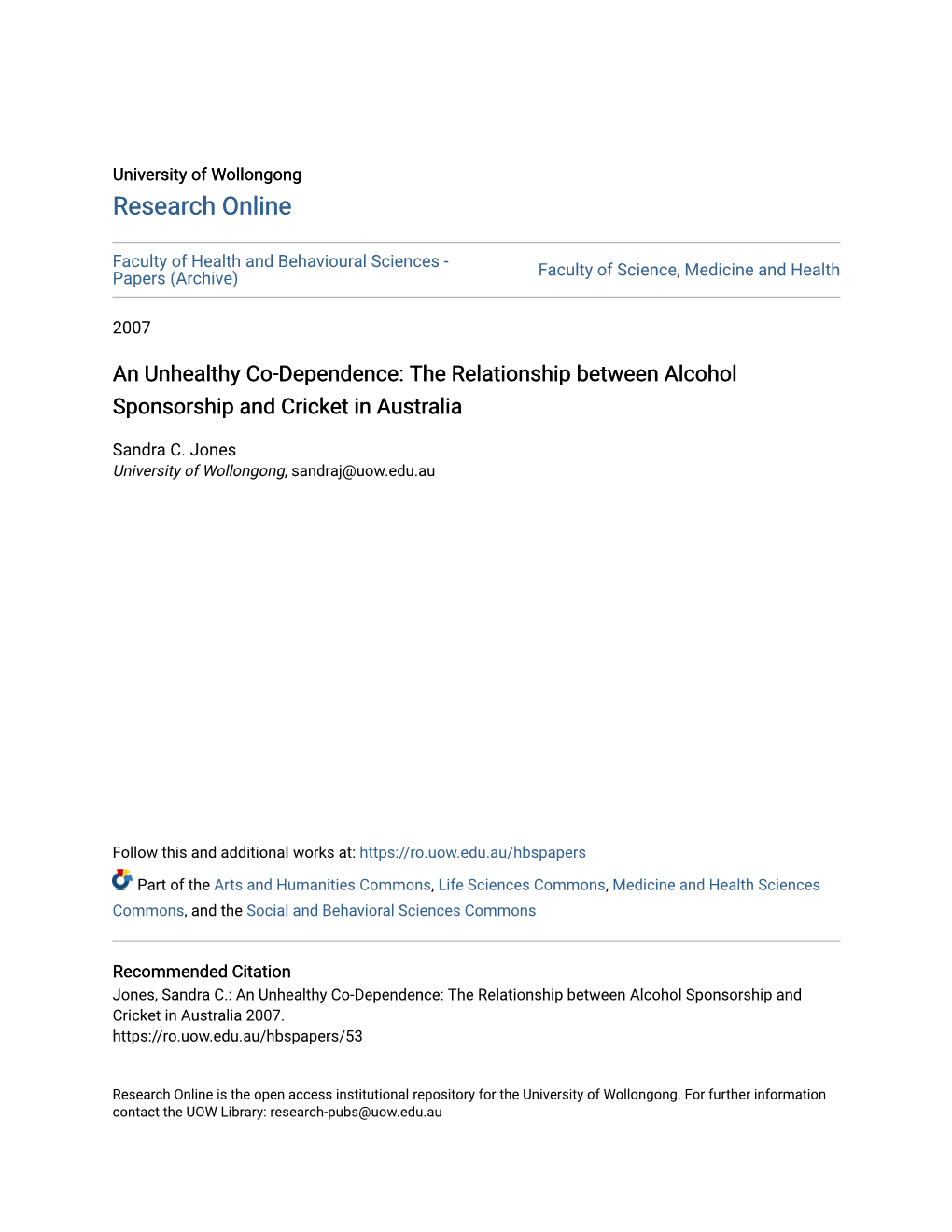 The Relationship Between Alcohol Sponsorship and Cricket in Australia