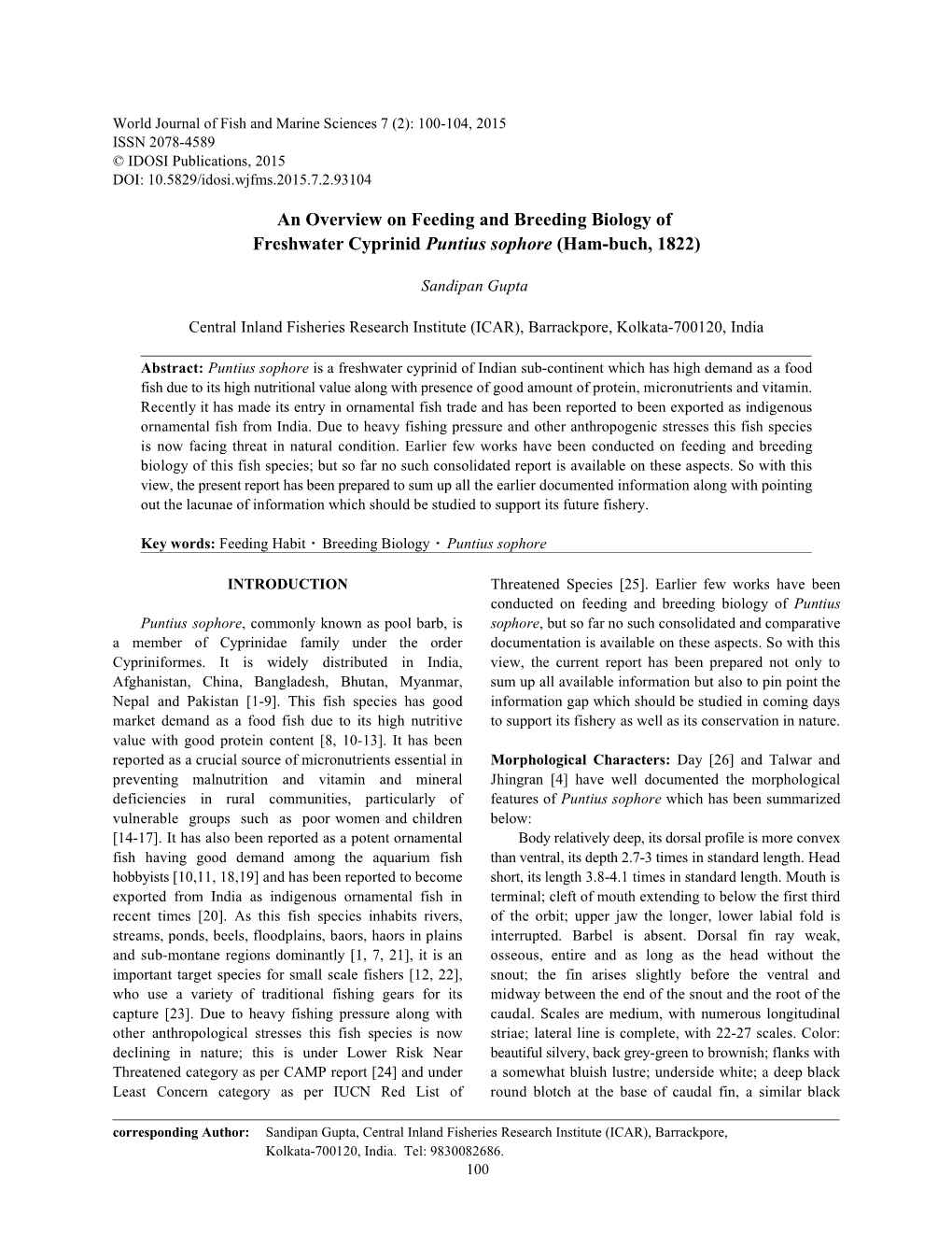 An Overview on Feeding and Breeding Biology of Freshwater Cyprinid Puntius Sophore (Ham-Buch, 1822)