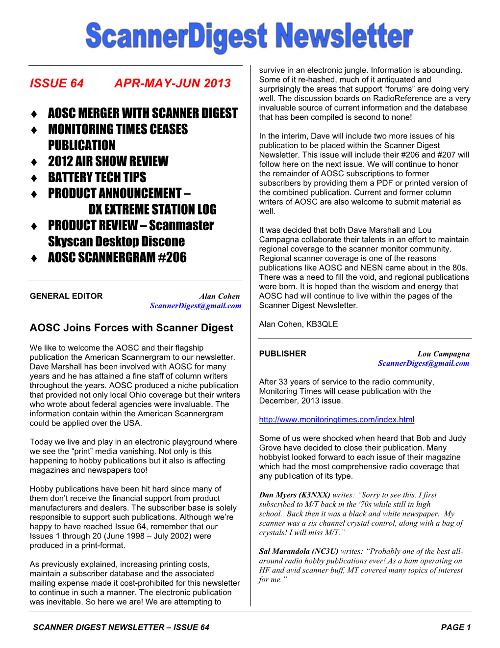 Aosc Merger with Scanner Digest Monitoring Times Ceases Publication 2012 Air Show Review Battery Tech