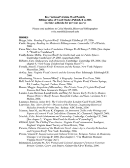 International Virginia Woolf Society Bibliography of Woolf Studies Published in 2006 (Includes Addenda for Previous Years)