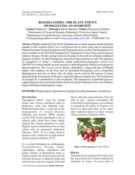 BLIGHIA SAPIDA; the PLANT and ITS HYPOGLYCINS an OVERVIEW 1Atolani Olubunmi*, 2Olatunji Gabriel Ademola, 2Fabiyi Oluwatoyin Adenike