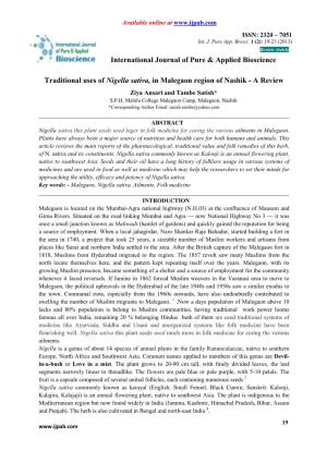 Traditional Uses of Nigella Sativa, in Malegaon Region of Nashik - a Review Ziya Ansari and Tambe Satish* S.P.H