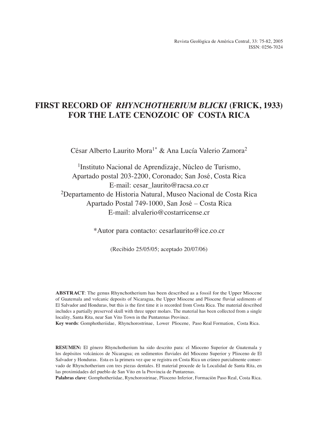 First Record of Rhynchotherium Blicki (Frick, 1933) for the Late Cenozoic of Costa Rica