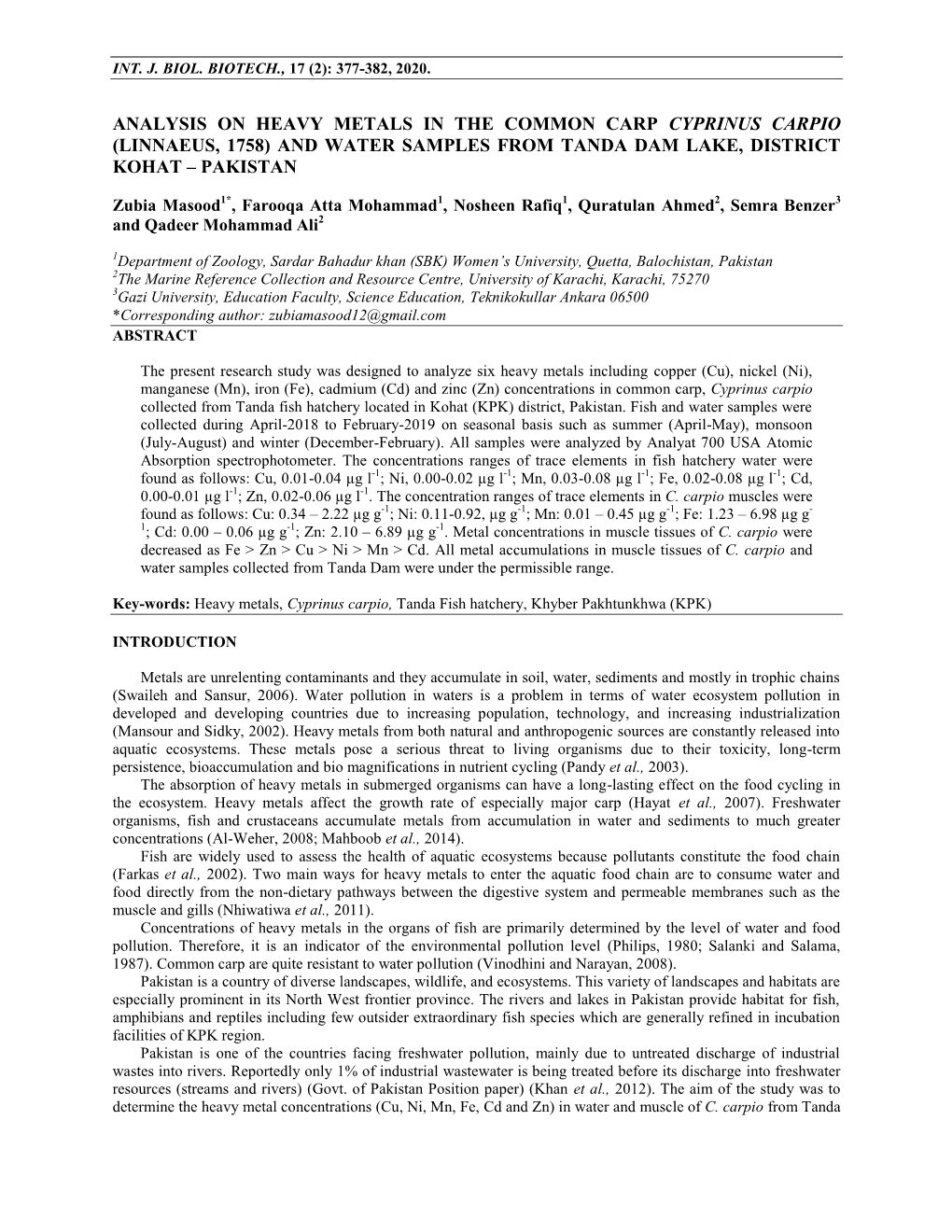 Analysis on Heavy Metals in the Common Carp Cyprinus Carpio (Linnaeus, 1758) and Water Samples from Tanda Dam Lake, District Kohat – Pakistan