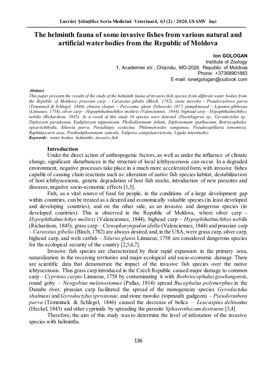 The Helminth Fauna of Some Invasive Fishes from Various Natural and Artificial Water Bodies from the Republic of Moldova