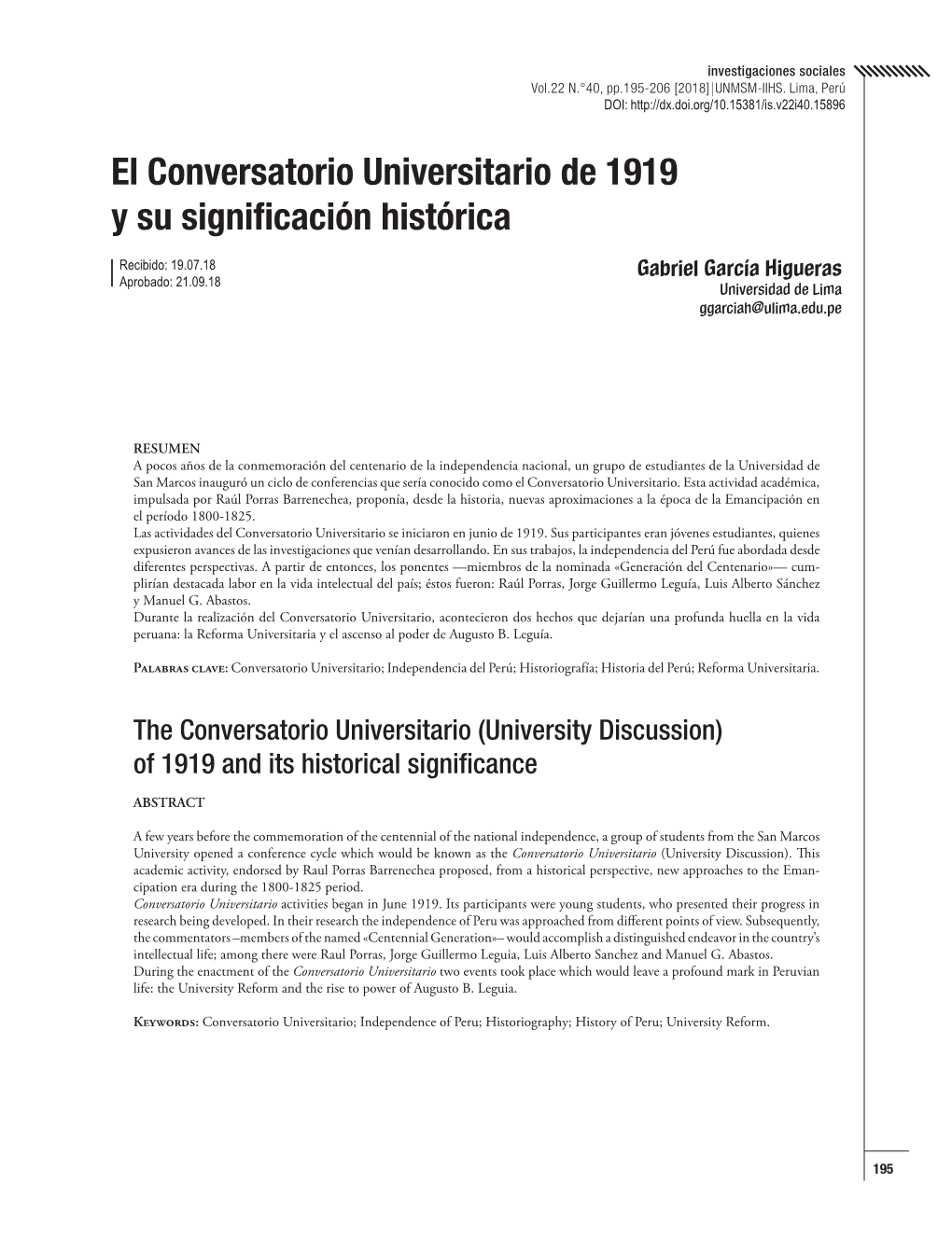 El Conversatorio Universitario De 1919 Y Su Significación Histórica