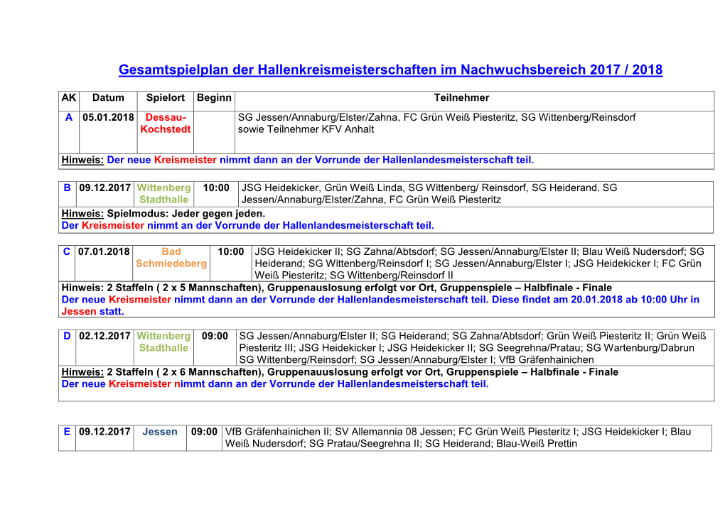 Gesamtspielplan Der Hallenkreismeisterschaften Im Nachwuchsbereich 2004 / 2005