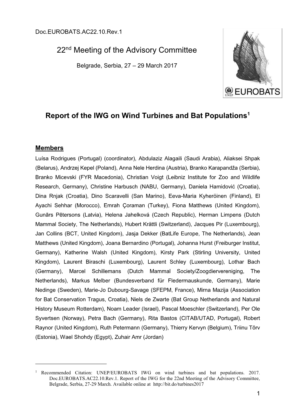 Report of the IWG on Wind Turbines and Bat Populations 2017