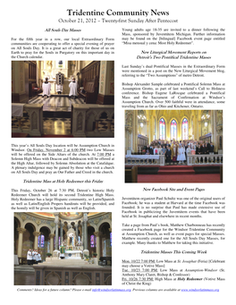Tridentine Community News October 21, 2012 – Twenty-First Sunday After Pentecost