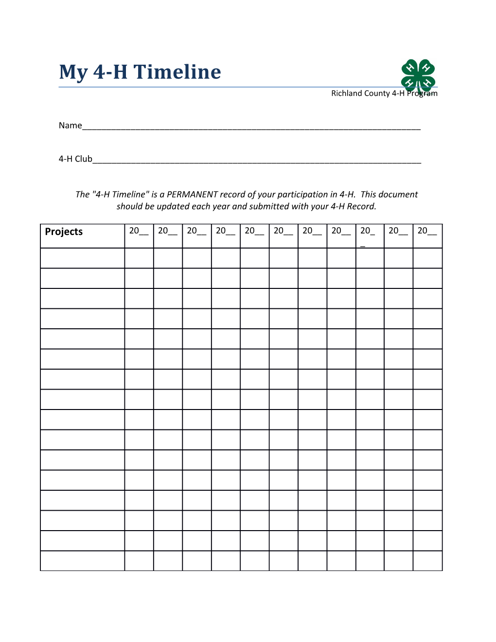 The 4-H Timeline Is a PERMANENT Record of Your Participation in 4-H. This Document