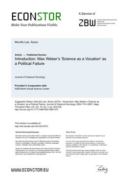 Introduction: Max Weber's Science As a Vocation As a Political Failure