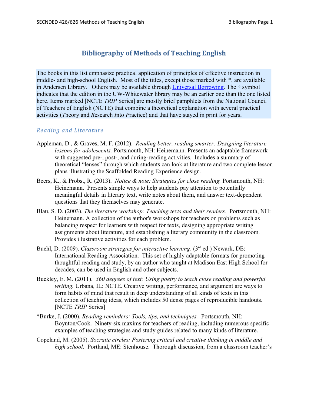 Bibliography of Methods of Teaching English