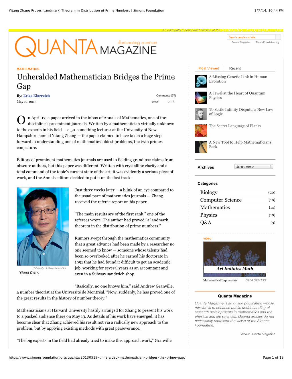 Yitang Zhang Proves 'Landmark' Theorem in Distribution of Prime Numbers | Simons Foundation 1/7/14, 10:44 PM