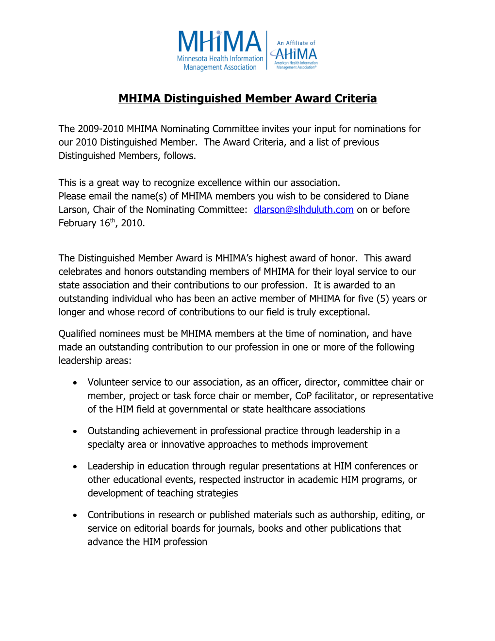 MHIMA Distinguished Member Award Criteria