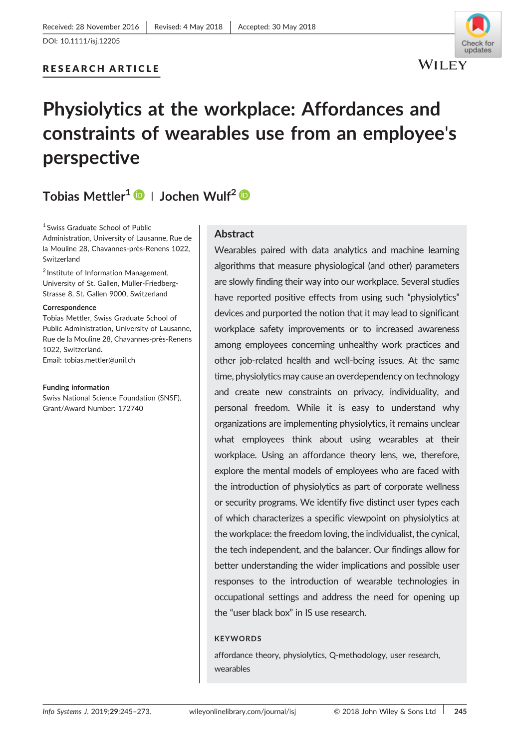 Physiolytics at the Workplace: Affordances and Constraints of Wearables Use from an Employee's Perspective