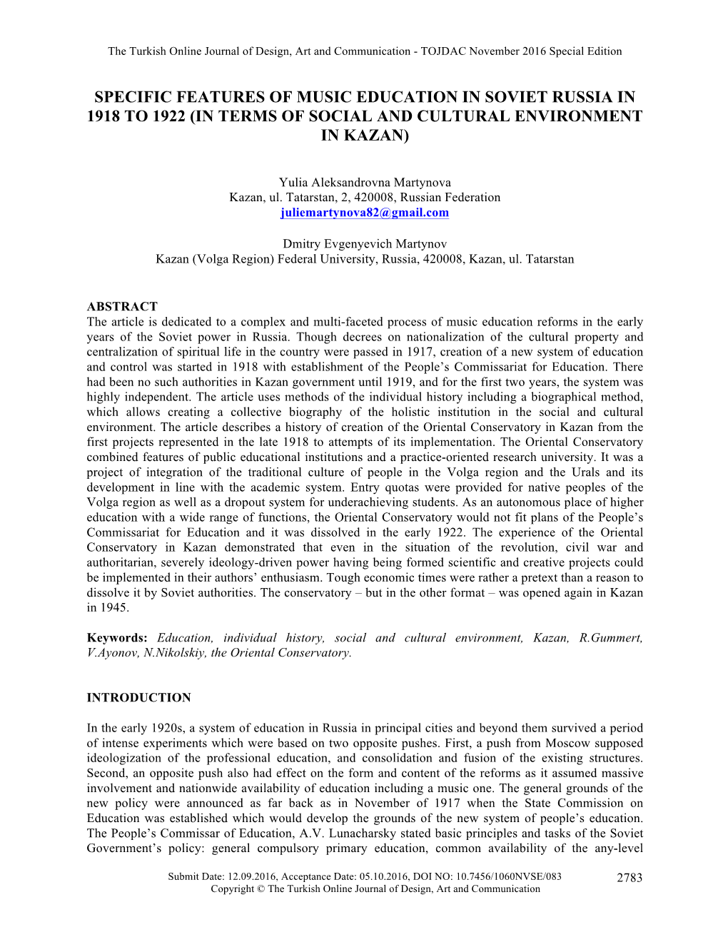 Specific Features of Music Education in Soviet Russia in 1918 to 1922 (In Terms of Social and Cultural Environment in Kazan)