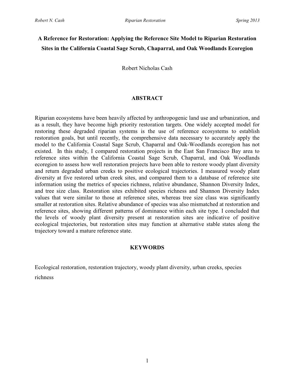 Applying the Reference Site Model to Riparian Restoration Sites in the California Coastal Sage Scrub, Chaparral, and Oak Woodlands Ecoregion