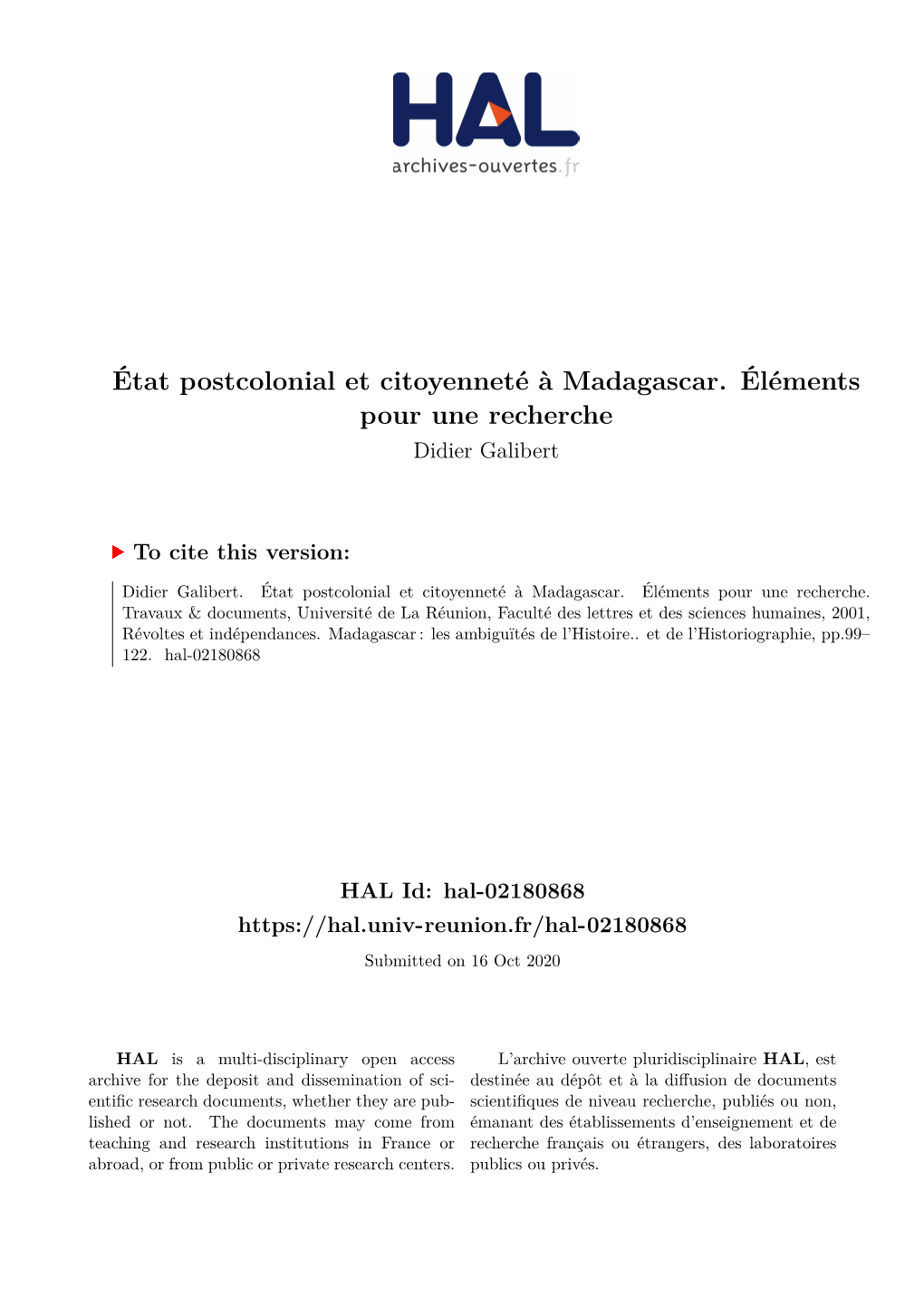 État Postcolonial Et Citoyenneté À Madagascar. Éléments Pour Une Recherche Didier Galibert
