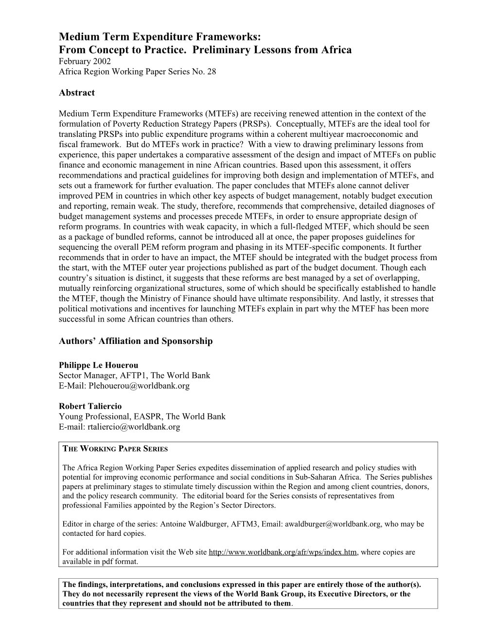 Medium Term Expenditure Frameworks: From Concept To Practice