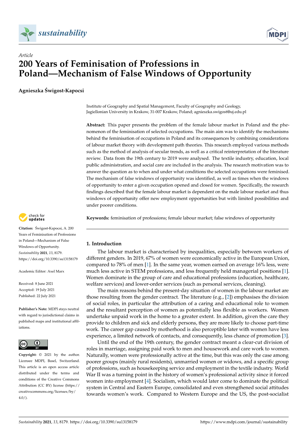 200 Years of Feminisation of Professions in Poland—Mechanism of False Windows of Opportunity