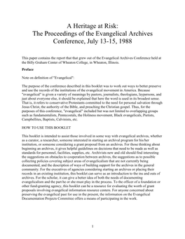 Proceedings of the Evangelical Archives Conference, July 13-15, 1988