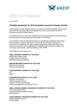 Finalists Announced for 2016 Australian Insurance Industry Awards