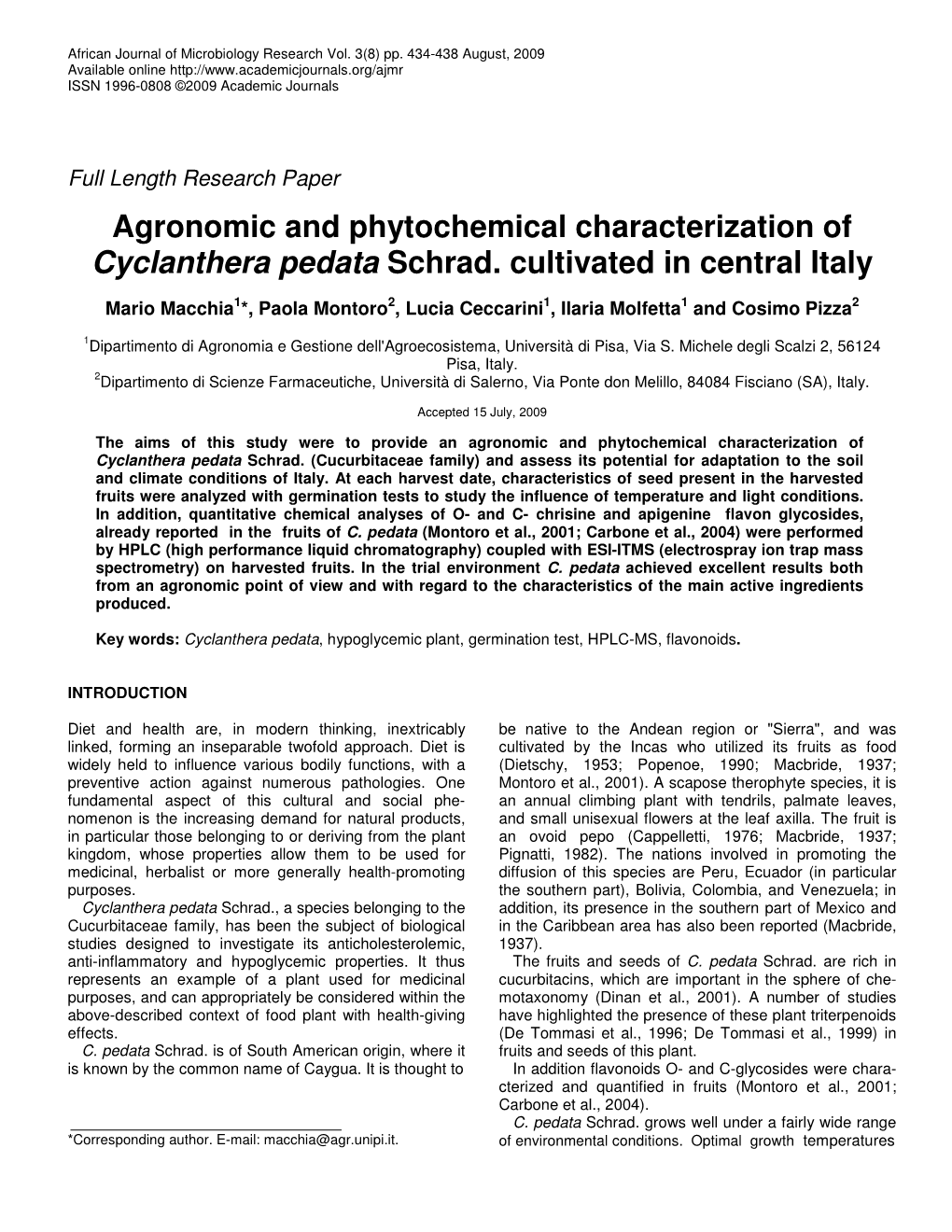 Agronomic and Phytochemical Characterization of Cyclanthera Pedata Schrad