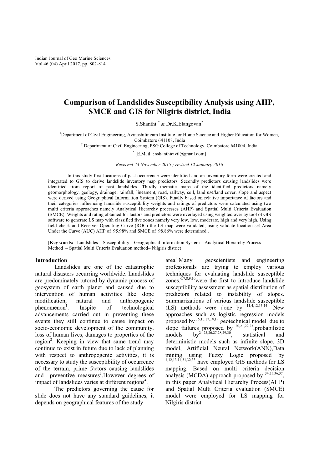 Comparison of Landslides Susceptibility Analysis Using AHP, SMCE and GIS for Nilgiris District, India