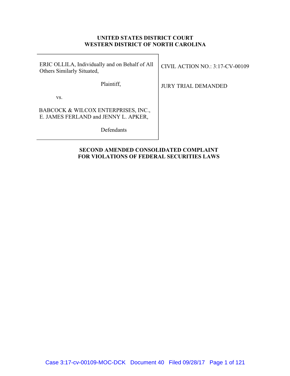 Eric Ollila, Et Al. V. Babcock & Wilcox Enterprises, Inc., Et Al. 17-CV